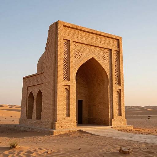 Photograph of a sunlit, sand-colored brick archway with intricate geometric carvings, standing in a desert with dunes in the background.