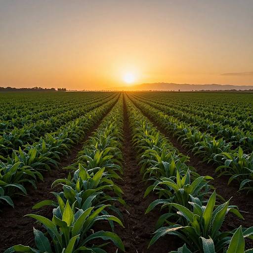 Photograph of a vibrant green cornfield at sunset, with rows of young corn plants stretching towards a glowing orange sky.