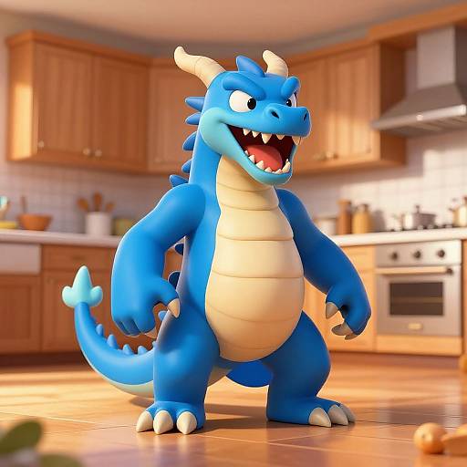 CGI blue dragon with white underbelly and horns, standing in a bright, modern kitchen with wooden cabinets and white appliances.