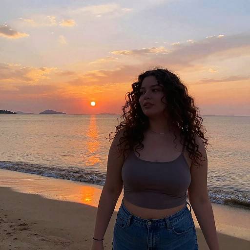 Photograph of a curly-haired woman in a gray crop top and high-waisted jeans standing on a beach at sunset, with an orange sky and