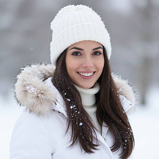 Photograph of a smiling woman with long dark hair, wearing a white fluffy hat and coat with fur-trimmed hood, standing outdoors in a snowy