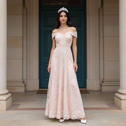 Elegant Woman in Floral Lace Maxi Dress