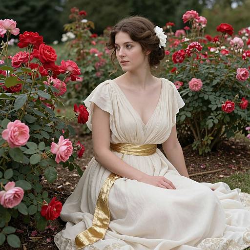 Photograph of a fair-skinned woman with brown hair, wearing a white gown with gold belt, seated among vibrant red and pink roses. White flower