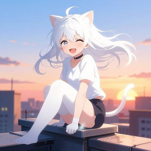 Anime-style digital drawing of a white-haired, cat-eared girl with a black choker, white shirt, and black shorts, sitting on a rooftop