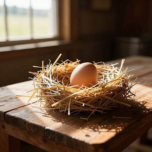 Photograph of a single brown egg in a nest of golden straw, placed on a rustic wooden table, bathed in soft sunlight from a blurred window