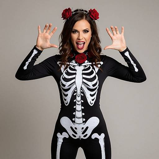 Photograph of a woman with dark wavy hair, wearing a black skeleton-print bodysuit, red roses in hair, and a surprised expression,