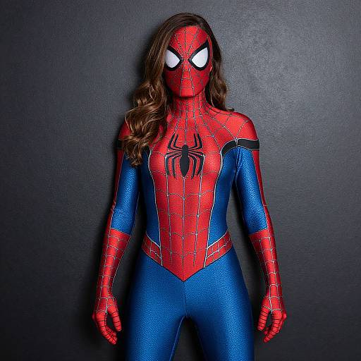 Photograph of a woman with long brown hair in a red and blue Spider-Man costume, standing against a dark gray wall.