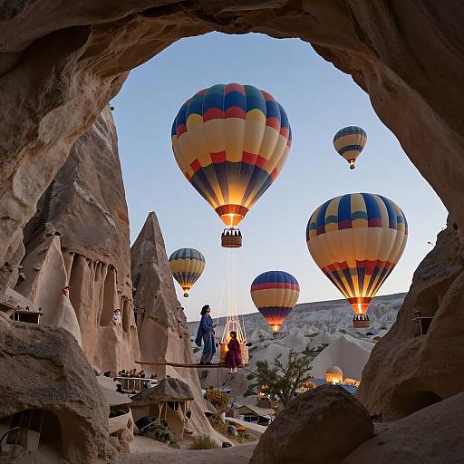 Photograph of colorful hot air balloons in a rocky Cappadocia landscape, viewed through a natural cave entrance at sunset.