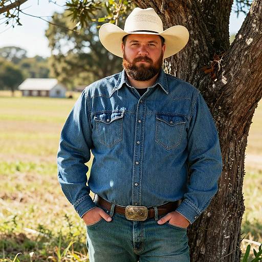 Bearded Cowboy in Denim Shirt Standing by Tree