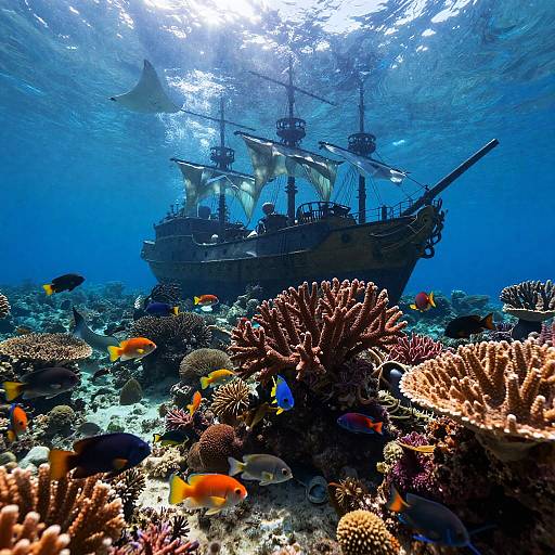 Underwater Coral Reef with Sunken Pirate Ship