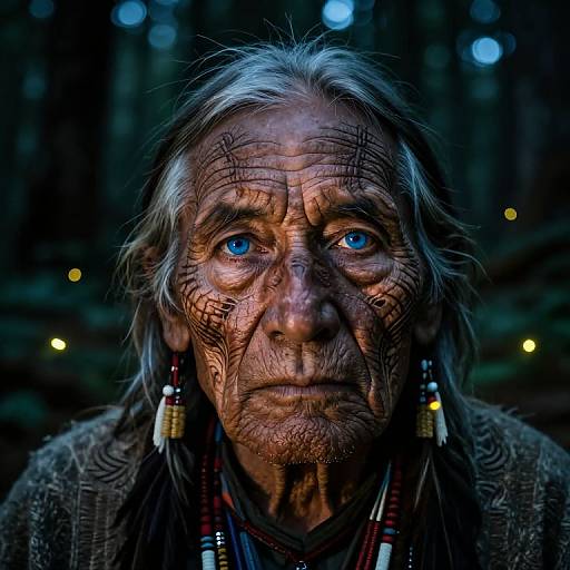Photograph of an elderly Indigenous man with blue eyes, weathered face, black tribal tattoos, long gray hair, and beaded earrings, set against