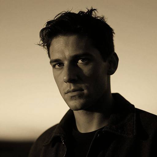 Sepia-toned photograph of a serious-looking, dark-haired man with tousled hair, shadowed face, and a dark jacket, set against a