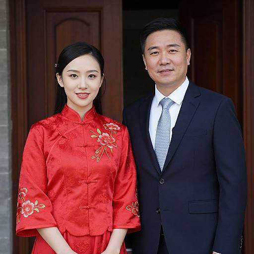 Photograph of an Asian couple standing in a doorway; woman in red floral qipao, man in black suit and white tie.
