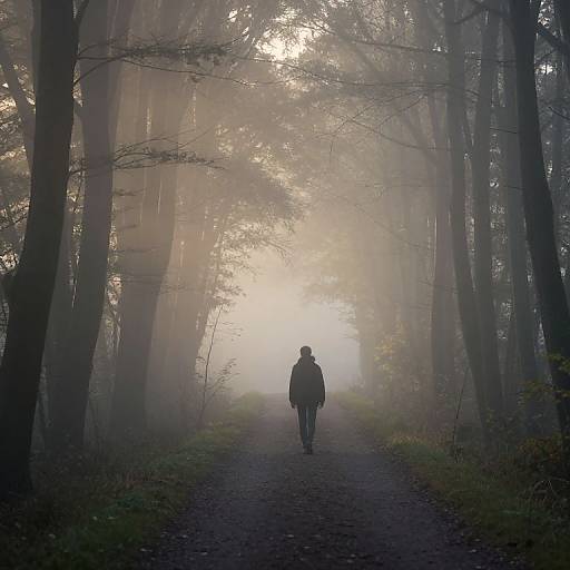 Photograph of a lone figure in a hooded jacket walking down a misty, fog-covered forest path, surrounded by tall, shadowy trees.