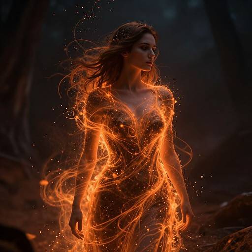 Photorealistic digital artwork of a woman with flowing hair, standing amidst fiery orange flames, glowing against a dark forest background.