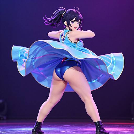 Anime-style digital artwork of a girl in a blue dress and black shorts, striking a dynamic pose with arms raised, spotlight background.