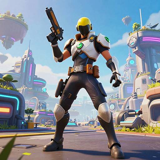 Digital art of a muscular, armored, yellow-haired male gunner in a futuristic, vibrant cityscape with floating structures and neon lights. He holds a