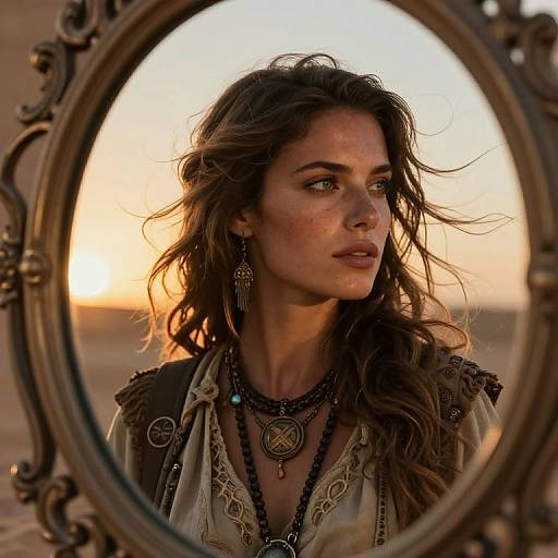 Photograph of a wistful woman with long, windswept brown hair, wearing layered necklaces and a rustic, open-collared top