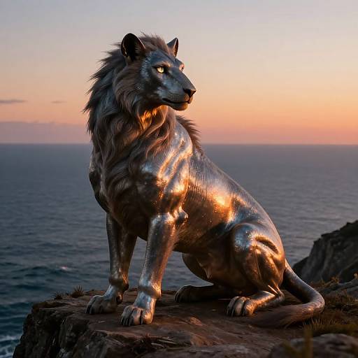 Photorealistic digital artwork of a silver, metallic wolf statue with glowing orange highlights, sitting on a rocky cliff at sunset over a calm ocean.