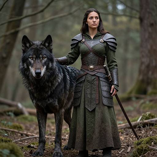 Photograph-style digital art of a dark-haired woman in medieval armor standing in a forest, holding a sword and petting a large black wolf.