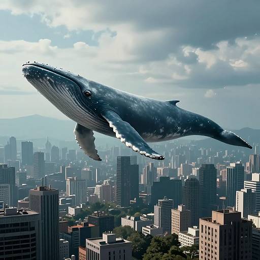 Photorealistic digital artwork of a massive blue whale soaring above a sprawling, modern cityscape with skyscrapers and cloudy skies.