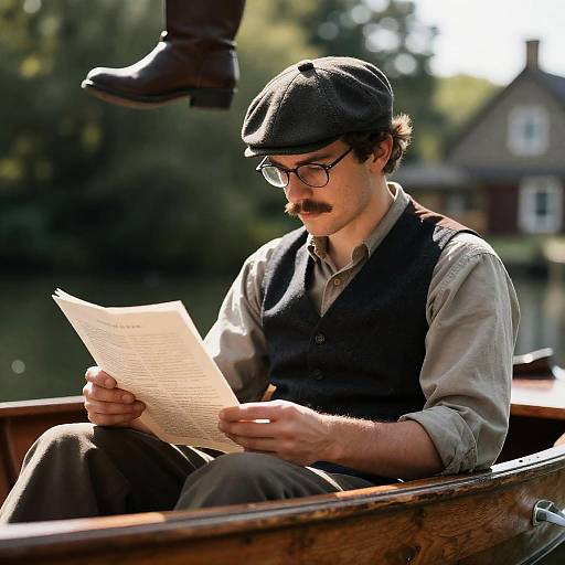 Man Reading in a Wooden Boat