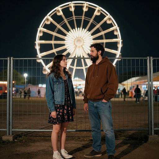 Couple Standing Near Ferris Wheel at Night