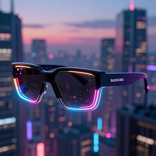Photograph of black Ray-Ban sunglasses with neon blue and pink LED accents, set against a blurred cityscape at dusk with colorful building lights.