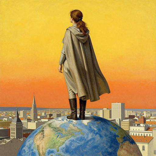 Digital artwork of a woman with brown hair in a gray cloak, standing on a giant Earth, overlooking a cityscape at sunset.