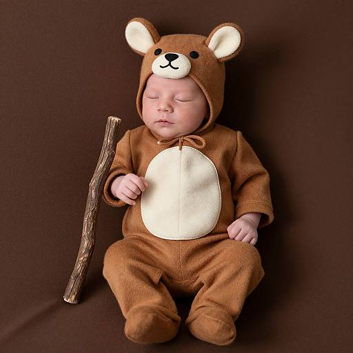 Photograph of sleeping baby in brown bear onesie with white belly, holding wooden stick, against dark brown backdrop.