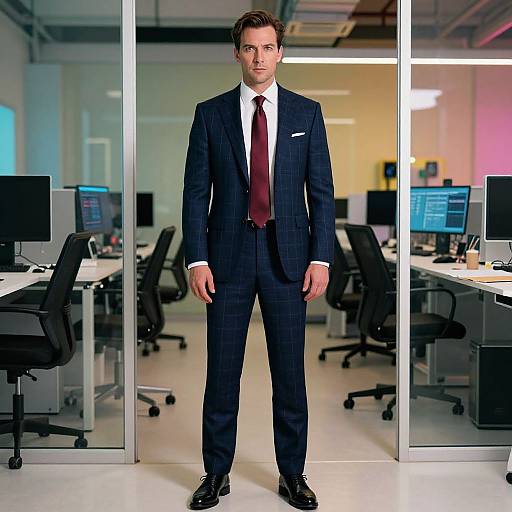 Photograph of a serious, attractive man in a dark plaid suit, white shirt, and maroon tie, standing in a modern, brightly lit