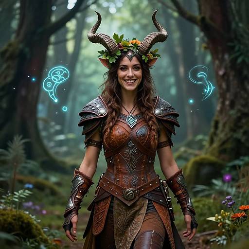 Digital fantasy artwork of a smiling woman with dark brown hair, horned headdress, and intricate brown leather armor, standing in a lush forest. Eth
