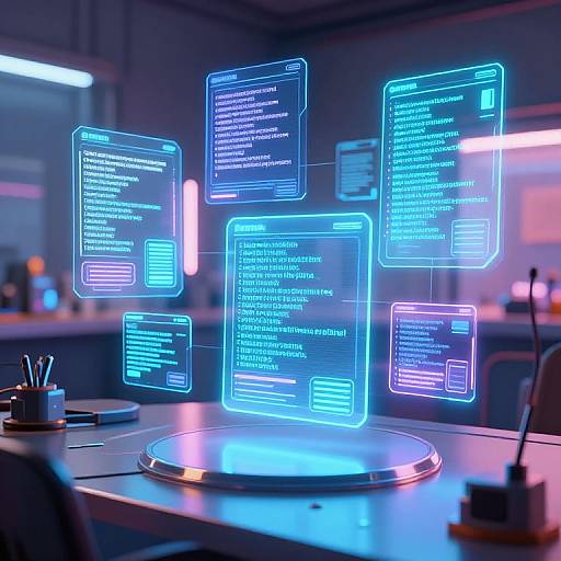 Neon blue holographic code screens floating above a futuristic desk, illuminated by soft purple and white lights, in a modern tech lab. Photorealistic