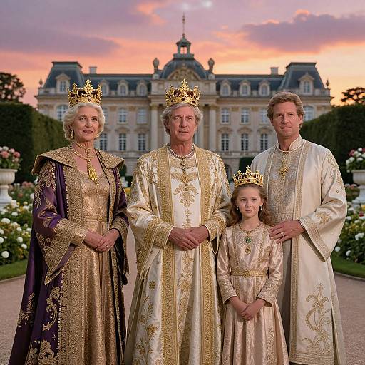 Photograph of a royal family in ornate, gold-embroidered regalia, wearing crowns, standing in front of a grand chateau