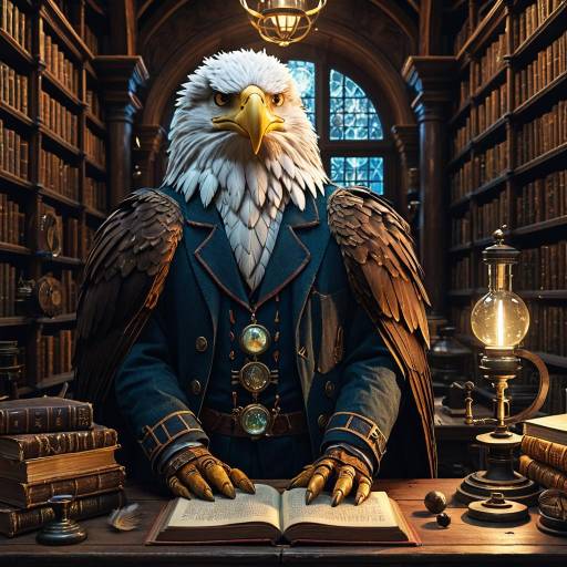 Anthropomorphic Eagle Scientist in Antique Library