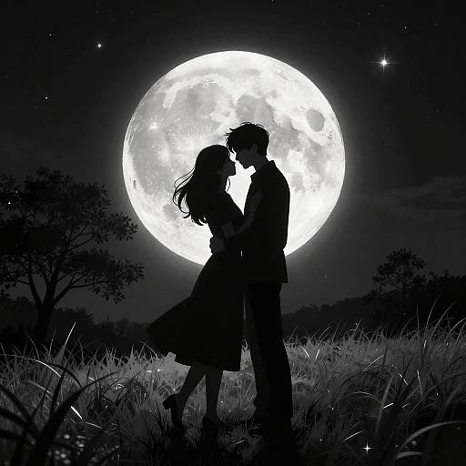 Silhouetted Couple Embracing Under Full Moon