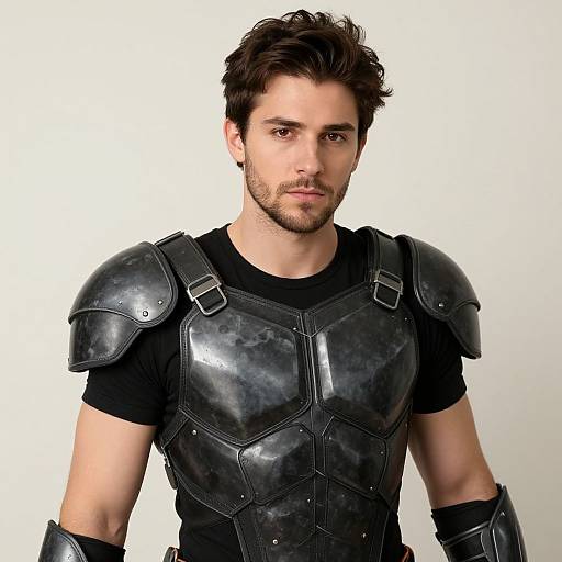 Photograph of a handsome, bearded man with dark hair, wearing black, glossy, medieval-style armor over a black t-shirt, against a plain