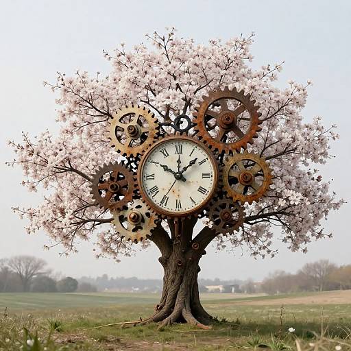 Photograph of a cherry blossom tree with large clock gears and a clock face integrated into its branches, standing in a grassy field under a clear sky