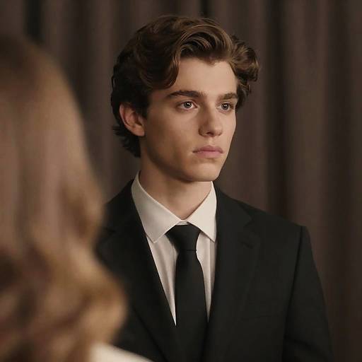 Young Man in Black Suit with Serious Expression