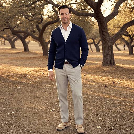Photograph of a handsome, bearded man with short dark hair, wearing a navy cardigan, white shirt, light gray pants, and tan shoes