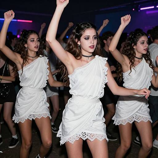 Photograph of three young women with long brown hair, wearing white lace-trimmed one-shoulder dresses, raising arms in a dimly lit