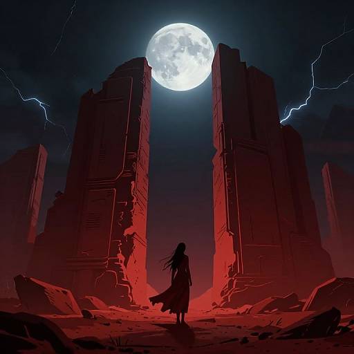 Digital art: Silhouetted figure stands before towering, red-lit ruins under a bright full moon, with lightning bolts in the dark sky.