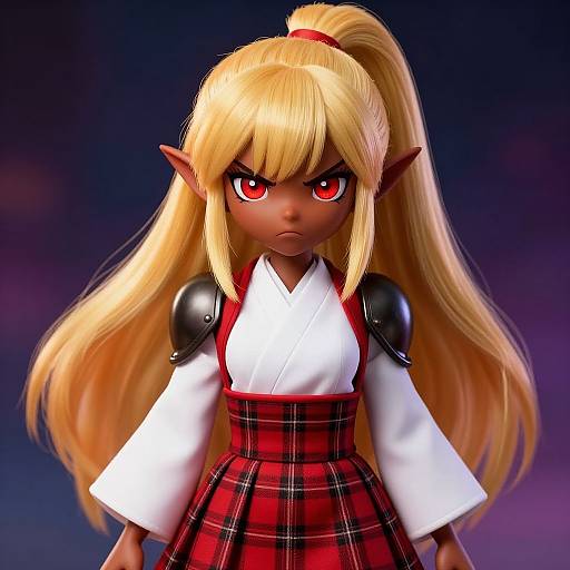 Defiant Dark-Skinned Elf in Vibrant Armor