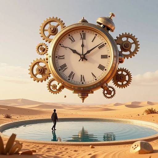 A giant, steampunk clock with gears hovers over a desert oasis, reflecting in a small, still pool; a lone figure stands on the