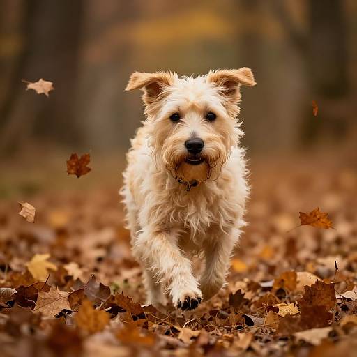 Photograph of a fluffy, white terrier dog running through a forest covered in autumn leaves, with brown and orange leaves falling around it.