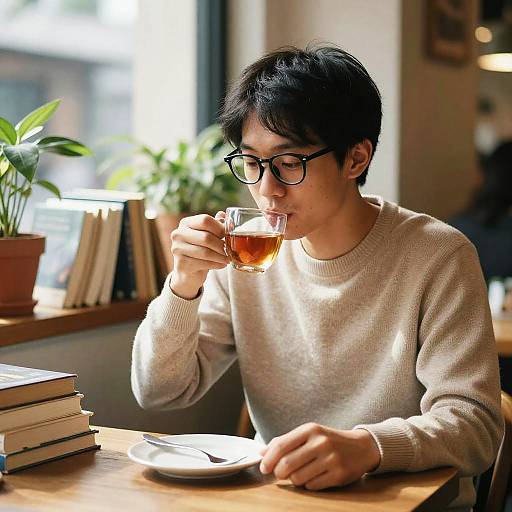 Photograph of an Asian man with short black hair, glasses, and beige sweater, sipping tea in a sunlit café, surrounded by books and