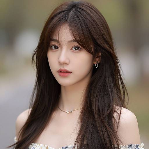 Photograph of an Asian woman with long, dark brown hair, fair skin, and brown eyes, wearing a white off-shoulder top, small