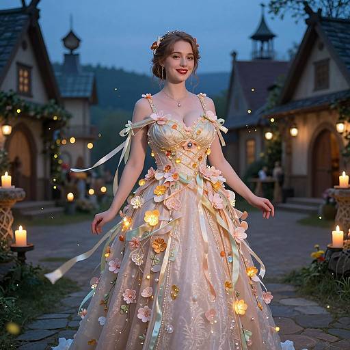 Photograph of a fair-skinned woman with red lipstick, wearing an ornate, glowing, floral-embellished ball gown, standing in a