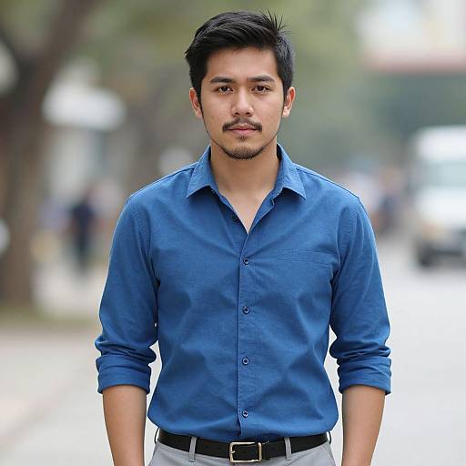 Photograph of an Asian man with short black hair, mustache, wearing a blue button-up shirt, grey pants, standing outdoors with a blurred background