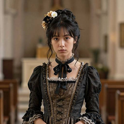 Photograph of a young Asian woman with black hair, wearing an ornate black Victorian dress, lace collar, and hair flowers, standing in a blurred